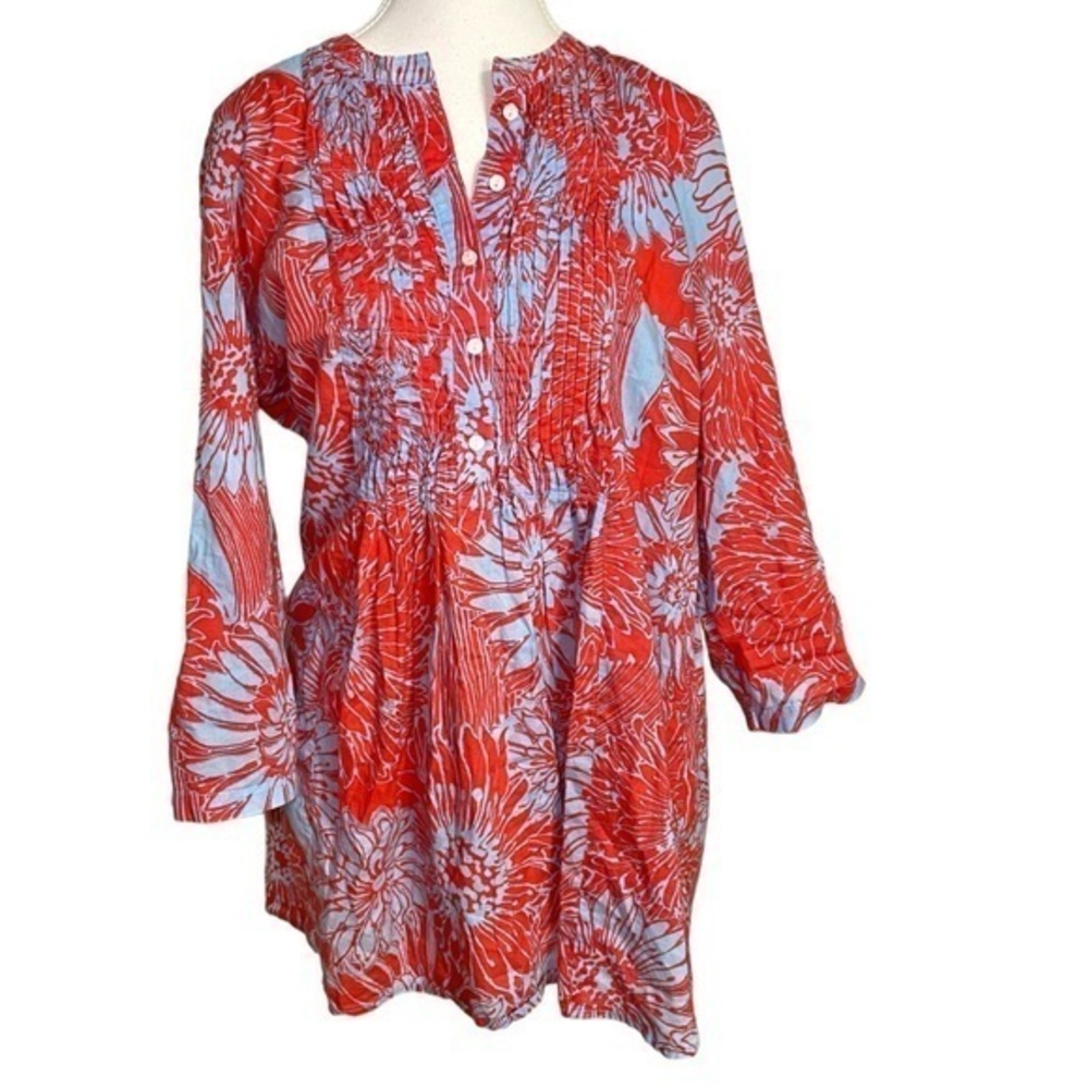 J. McLaughlin Red & Blue Floral Print Quarter Sleeve Top